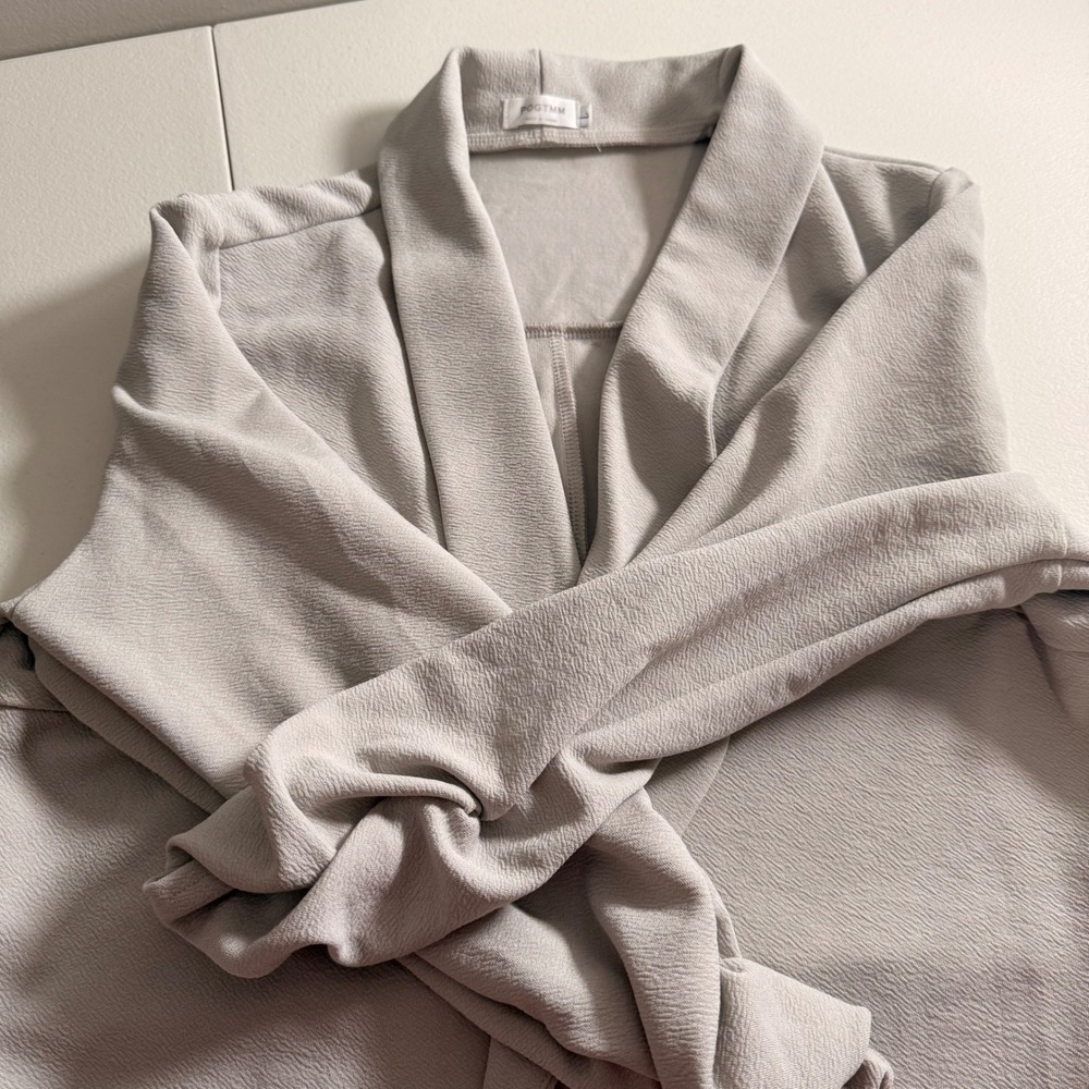 POGTMM Women's Open Front Blazer Jacket 3/4 Ruched Sleeve Light Gray Large